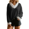 thumbnail image 3 of Xdegoge Sweaters for Women Pullover Vneck Tops Ribbed Knit Faux Fur Trim Shirts Long Sleeve Casual Tshirts Fall Winter Fashion Clothes, 3 of 8
