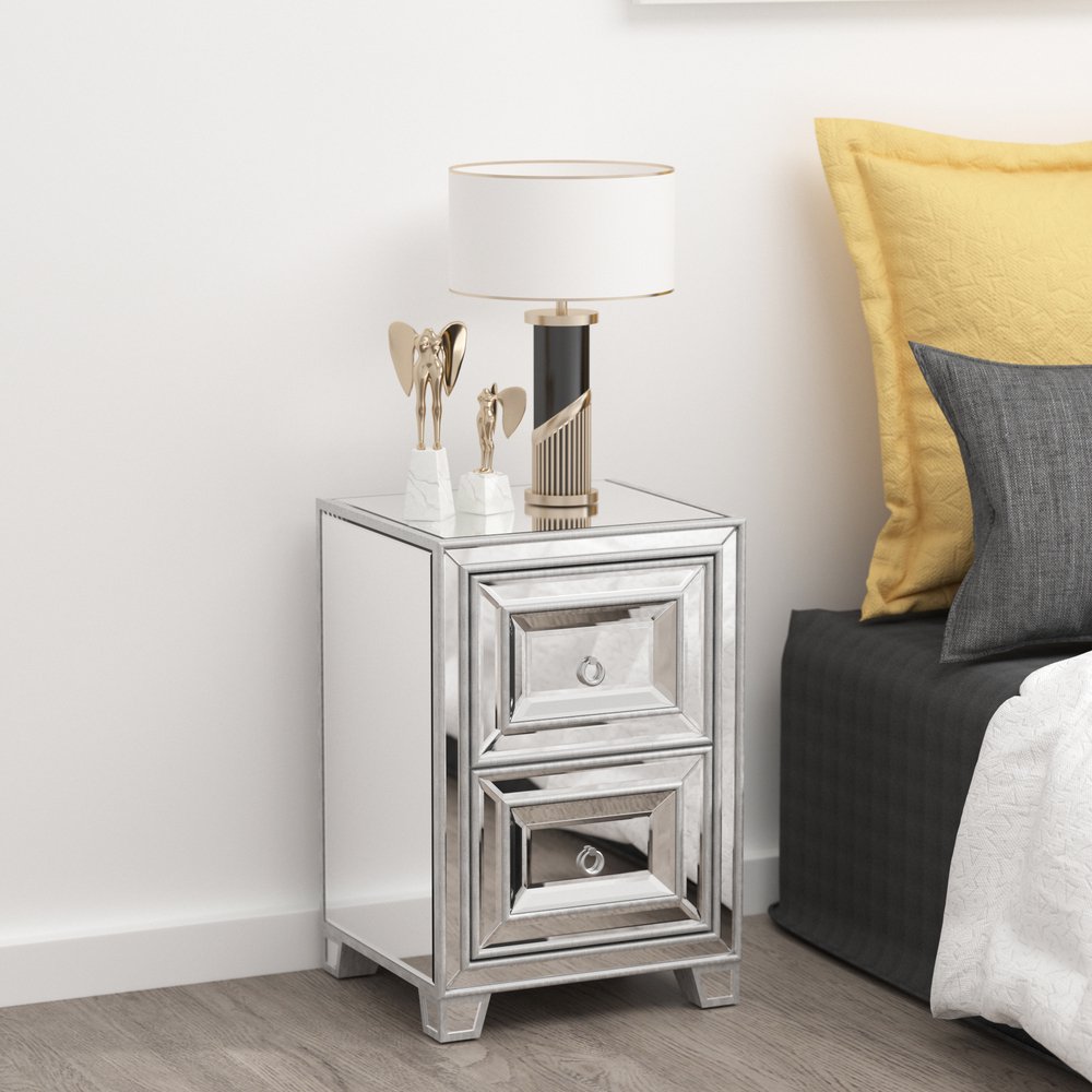 Tcbosik Mirrored Bedside Table with 2 Storage Drawers Modern Nightstand