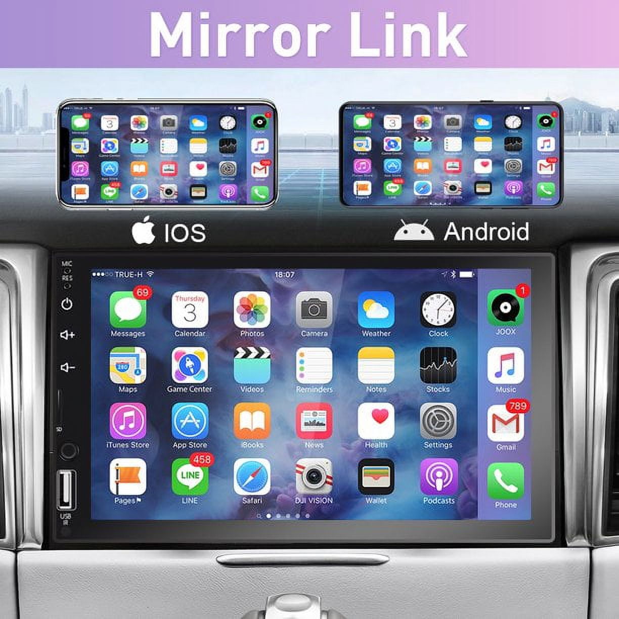Podofo Double Din 7'' Touch Screen Car Stereo Radio Carplay Android Auto Car Audio Car Multimedia MP5 Player Bluetooth Mirror Link FM USB,with 12 LED Backup Camera