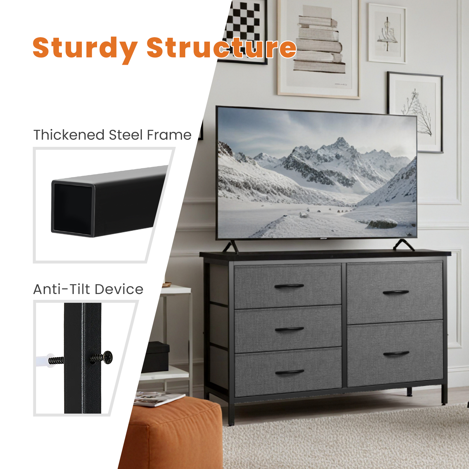 JIOABL 5-Drawer Dresser with Drawer Organizers for Bedroom, Living Room, or Closet, Gray