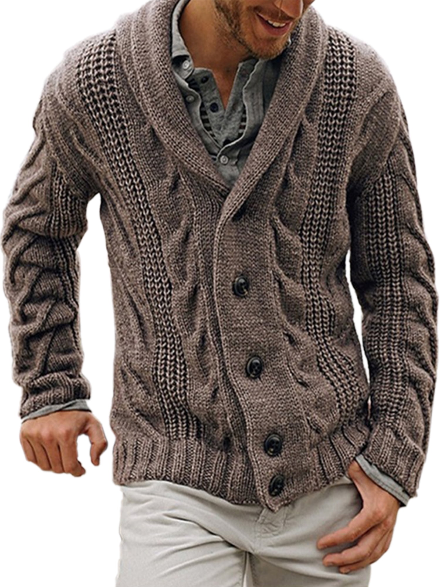 Men's Shawl Collar Cardigan Sweater Slim  Knit Button Douwn Sweater with Pockets