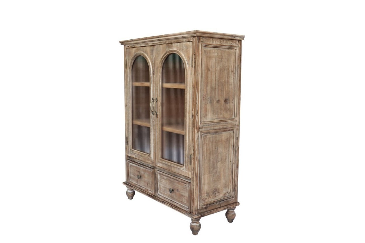 Farmhouse Storage Cabinet, Rustic Kitchen Pantry Cabinet with 2 Glass Doors, 2 Drawers, Adjustable Shelves, Freestanding Buffet Cupboard, Vintage Hutch Cabinet, Distressed Brown
