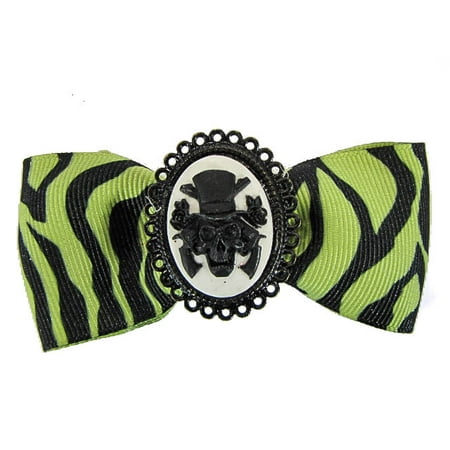 Hairy Scary Green & Black Zebra Bow w Haunted Mansion Cameo Jezebow Hair Clip