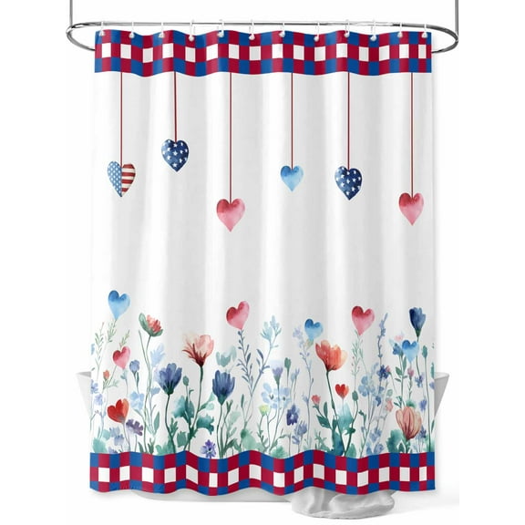 Fsddascl 4th of July Shower Curtain Set - 72" x 78" Washable Bathtub Curtain with 12 Hooks, Spring Floral Love Heart Independence Day Waterproof Fabric Stall Shower Curtains for Bathroom/Bathtub