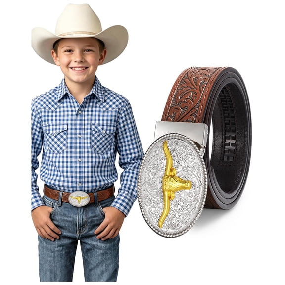 WHIPPY Kids Western Cowboy Belt for Boys Girls Cowgirl Ratchet Leather Belts with Automatic Buckle