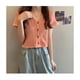 thumbnail image 2 of Camiseta de manga corta con escote en V y botones para mujer: top de punto rosa, talla única (se adapta a entre 39 y 60 kg) Summer Chic, 2 of 8