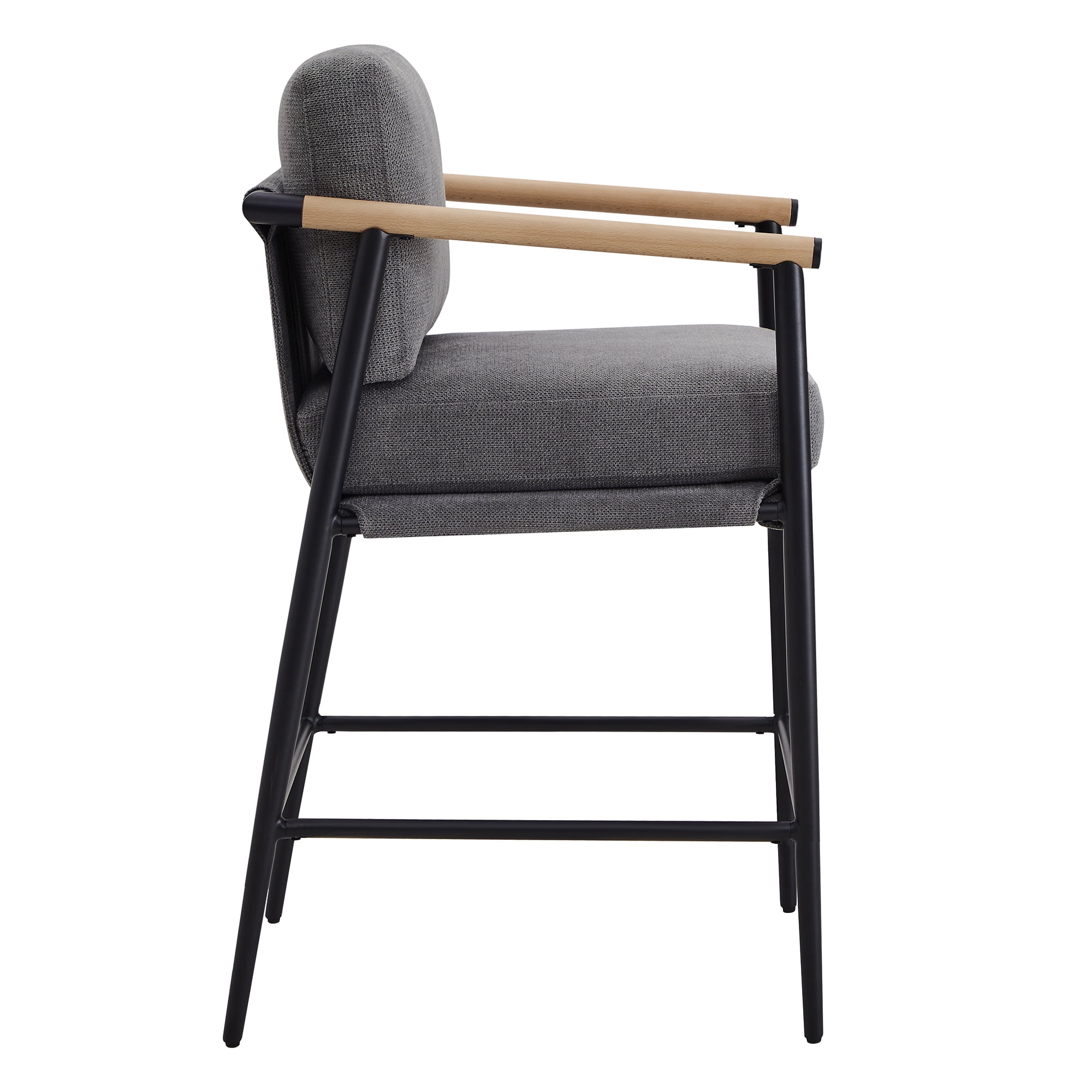 CHITA Modern Counter Stools Set of 2, Upholstered Bar Stools with Metal Frame and Wooden Armrests, Fabric in Gray