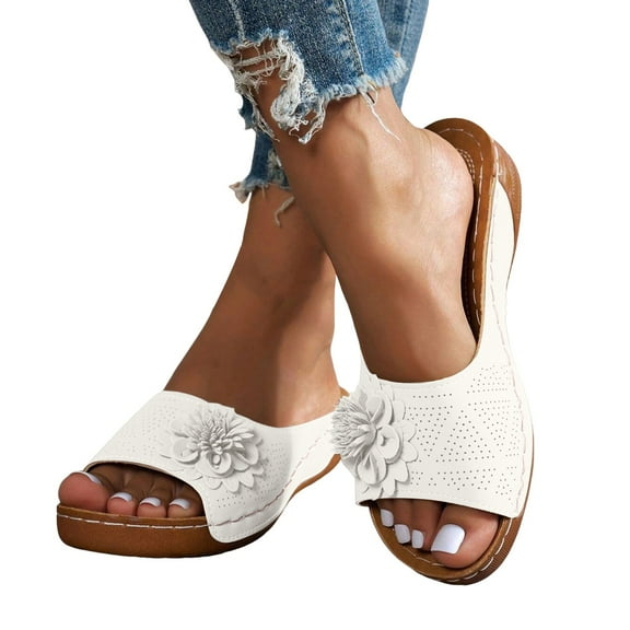 Platform Wedge Orthopedic Dress Slides Sandals for Women 2025 Comfortable Flower Leather Walking Slip on
