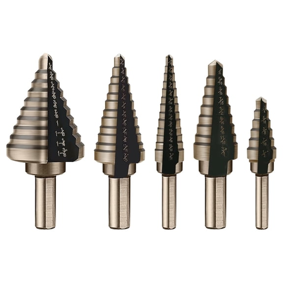 DEXIMRO Titanium Coated Step Drill Bit Set – 5-Piece HSS Unibit with Straight Grooves for Drilling Metal, Wood & Plastic – Covers 50 SAE Sizes