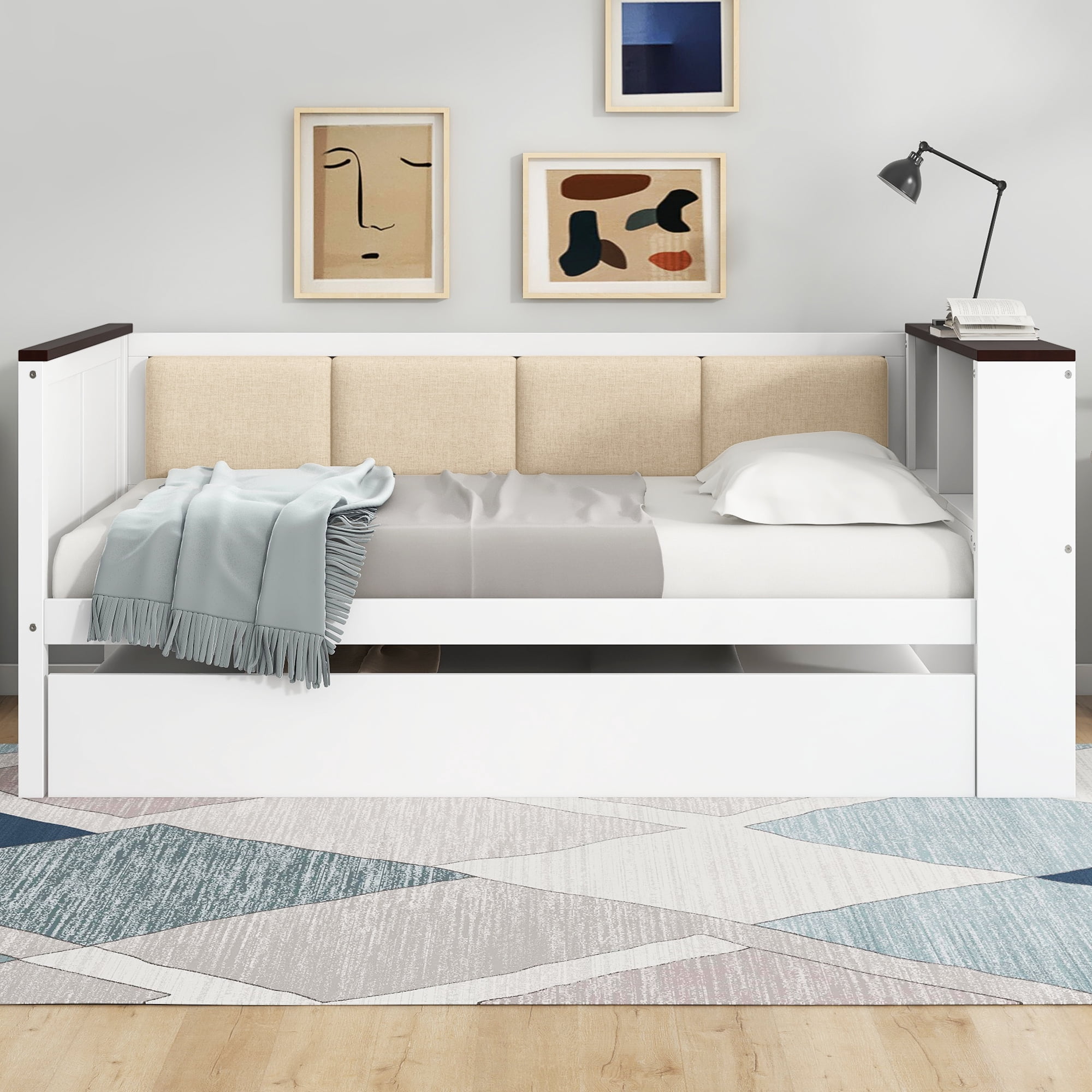 Alvantor Twin Size Wood Daybed with Trundle, Upholstered Bed Frame with Storage Shelves and USB, White