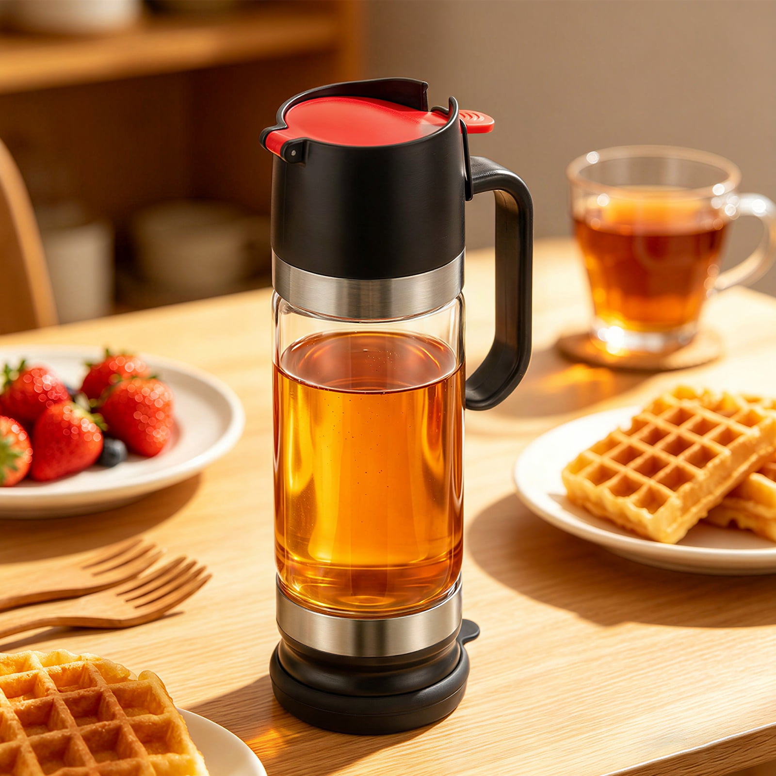 Toorise Glass Honey Dispenser 11.83oz No Drip Honey Jar with Handle Mess Free Glass Maple Syrup Dispenser for Coffee Tea Pancake