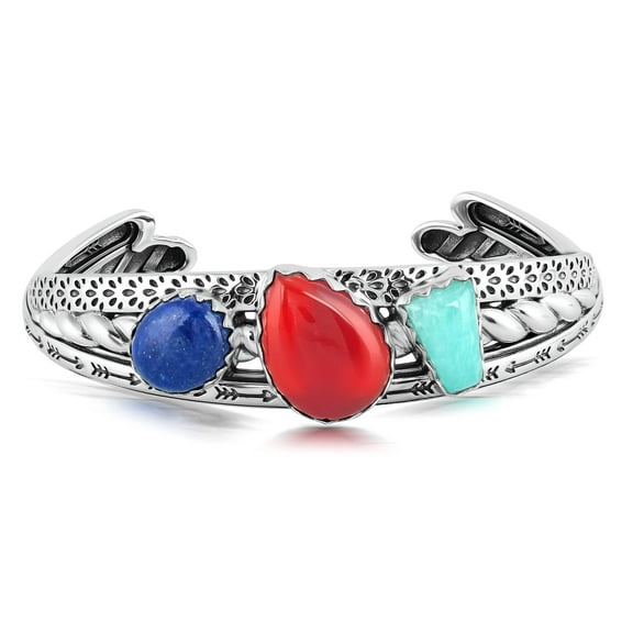 Sterling Silver Red Onyx, Amazonite and Lapis 3 Row Twist Cuff Bracelet, Sizes Small to Large