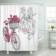 SUTTOM Watercolor Bike City Street and Vintage Bicycle Basket of Tulips Shower Curtain 66x72 inch