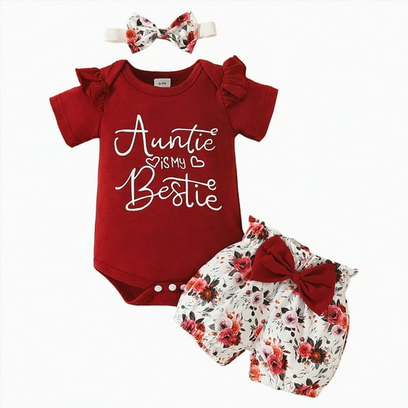 KPOPLK Baby Girl Summer Clothes I’m New Here Going Home Outfit Ruffle Ribbed Romper Tops Floral Shorts Set Headband baby clothes clearance $1.00(3-6 Months,)
