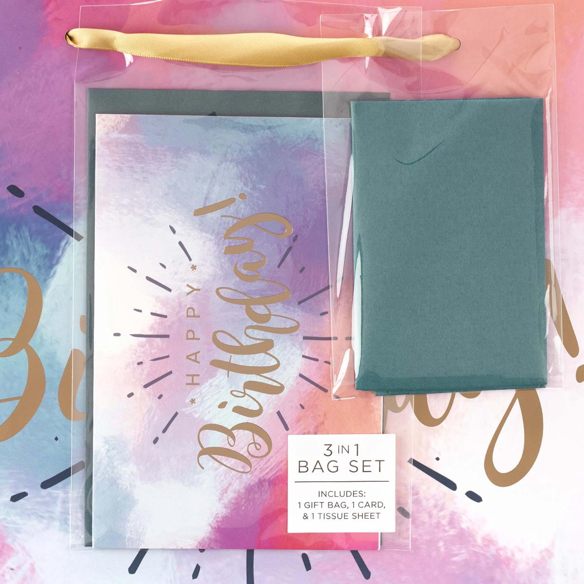 Happy Birthday Women's Large Gift Bag Set w/Card & Tissue Paper Blue Pink Purple Watercolor Design for Her Birthday Inspirational Gift Wrap Bag by With Love, Landscape 10" x 12.5" x 3.9"