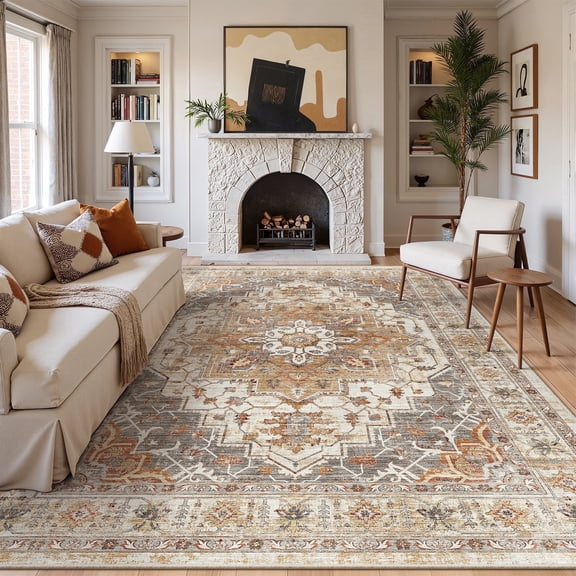 Roxstand Washable Area Rugs 8x10, Stain Resistant Lightweight Vintage Rugs for Living Room, Non Skid Farmhouse Bedroom Rugs(8'x10', Vintage01-Turmeric)