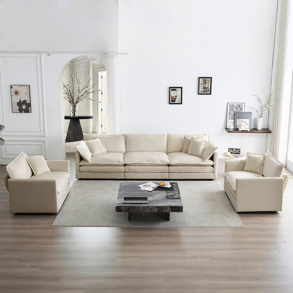 Beige Chenille : 1 1 3 Seats, Modern Accent, , Three , High Breathable Fabric 3 Piece , Chenille: Accent Chair & Solid Wood Frame For Living Area