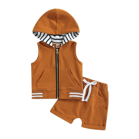 

Calsunbaby Toddler Baby Boys Summer Outfit Sets Sleeveless Zipper Hoodie Solid Color Drawstring Shorts Clothes 2-3 Years