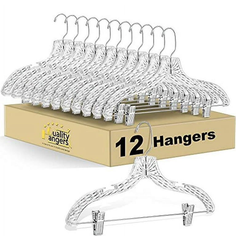 Quality Hangers 12 Pack Clear Plastic Skirt Hangers - Crystal Cut Pants  Hangers - Durable Plastic Hanger Set - Dress Hangers with Adjustable Clips  