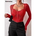 thumbnail image 3 of Cotvotee Women Clothing Corset Top Sheer Sexy Lace Long Sleeve Square Collar Breasted Tops Streetwear Fashion New Chic, 3 of 5
