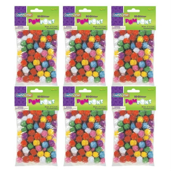 Creativity Street Glitter Pom Pons, Assorted Colors, 1/2", 80 Per Pack, 6 Packs