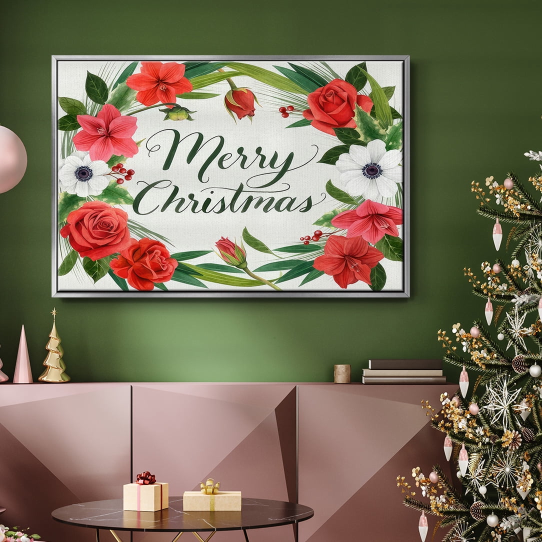 Christmas Flora Wreath Collection A - Framed Gallery Wrapped Holiday Canvas - 17 x 25 - Silver Frame