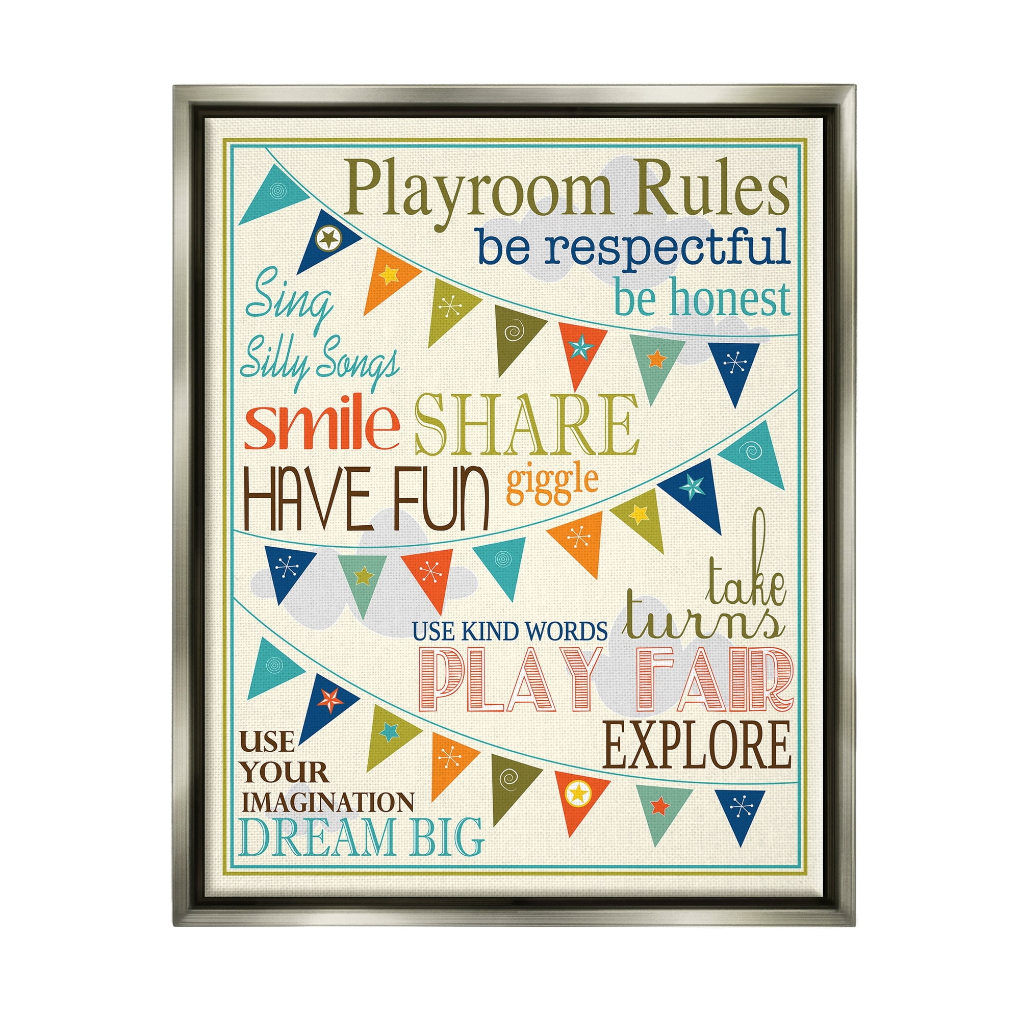 Stupell Industries Playroom Rules With Pennants In Blue Luster Gray Framed Floating Canvas Wall Art, 24x30, by Finny and Zook