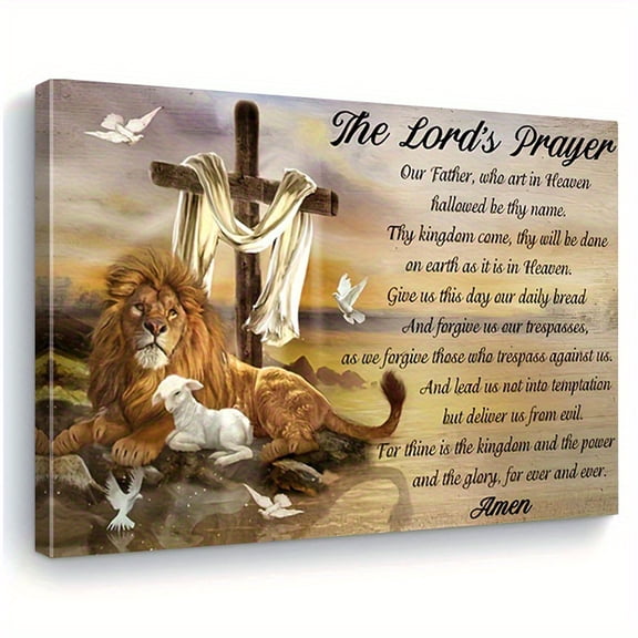 [Religious Canvas Print] Framed Religious Wall Art - Lion of Judah Lamb & Wooden Cross The Lord's Prayer Canvas Print with Ink on Canvas, Horizontal Christian Decor for Living Room, Bedroom,