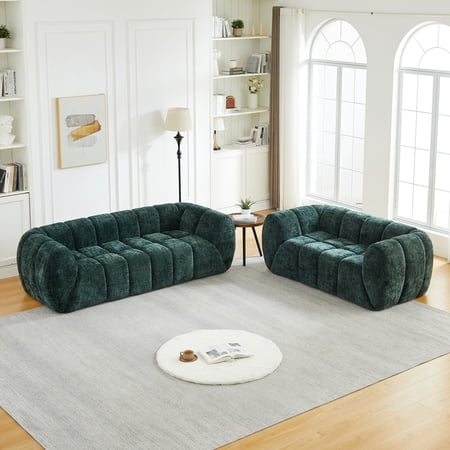 L-Shaped Modular Sofa Set with Throw Pillows 2-Piece Cloud Couch with Deep-Seat Chenille Pure Foam Corner Sectional Sofa for Living Room (Green)