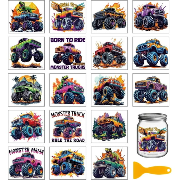 18 Sheets Monster Truck Transfer Stickers 3.9x3.6inch Transportation Dinosaurs Colorful Transfer Decal Rub on Transfer for Cup Decal Vase Glass Art Crafts Decorations