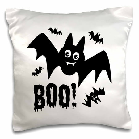 Halloween Pillowcase - 3dRose Boo- Funny Kids Halloween Bat Design in Black and White - Pillow Case, 16 by 16-inch