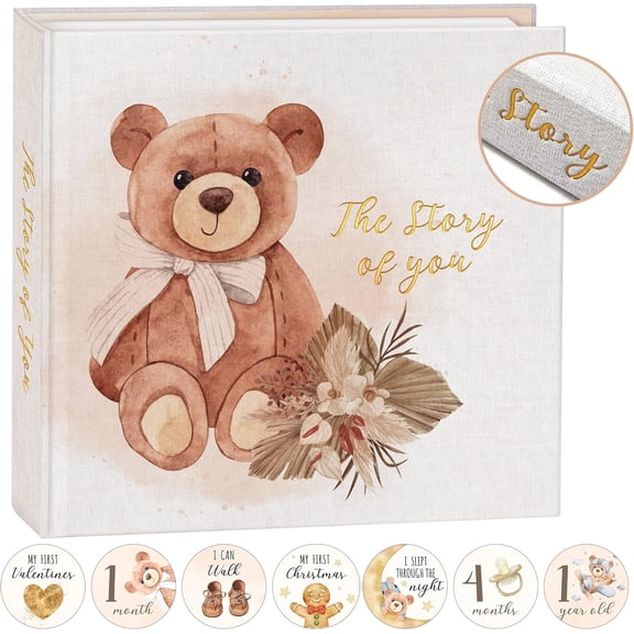 Elegant Gender-Neutral Baby Memory Book - 5-Year Journal Keepsake Sleeve, 24 Milestone Stickers & Photo Album