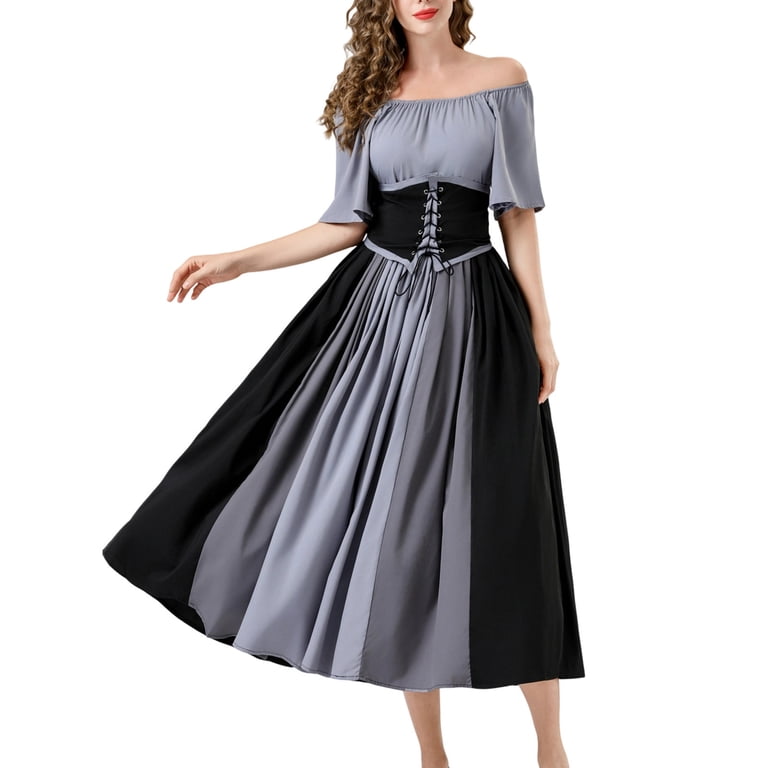grey dress halloween costume Virmaxy for Women A Line Maxi Square Neck Short Sleeve Renaissance Medieval Gown with Lace Up Adjustable Waist for Halloween Party_Sarees