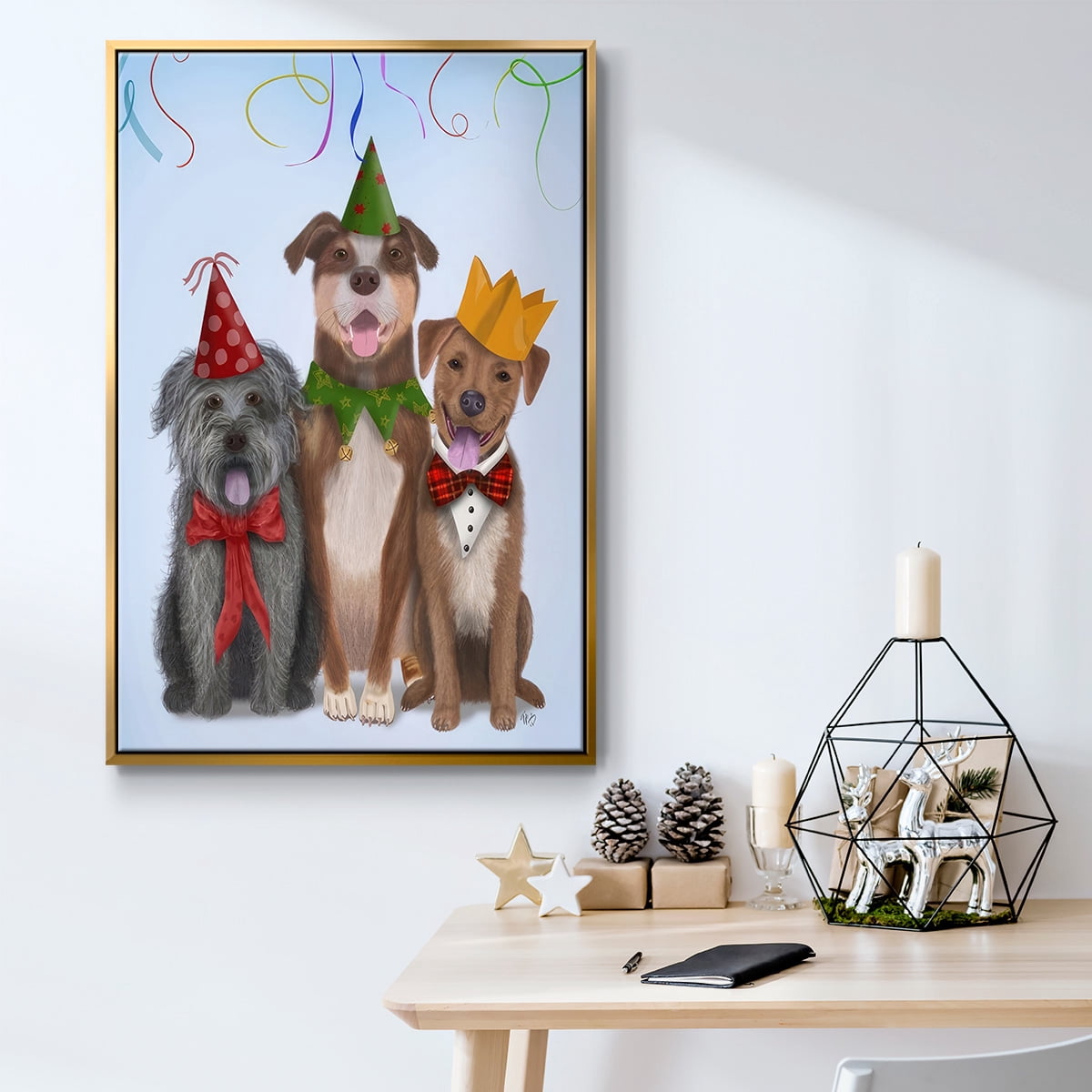 Christmas Party Mutts - Framed Gallery Wrapped Holiday Canvas - 25 x 37 - Gold Frame