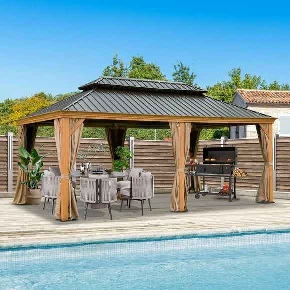 Domi Outdoor Living 14’x20’Hardtop Gazebo with Wooden Coated Aluminum Frame, Galvanized Steel Double Roof, Curtains & Netting for Patio, Deck & Lawn,Wood Looking