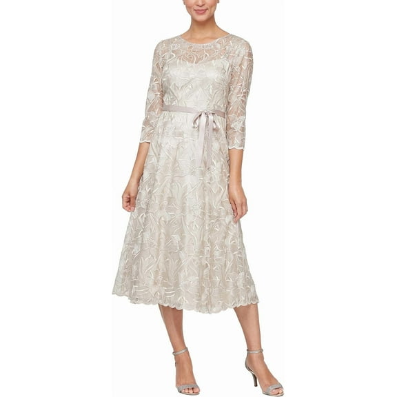 Alex Evenings Tea Length Cocktail Dress, 3/4 Sleeve, Round Neck, A-line, Lace, Women's