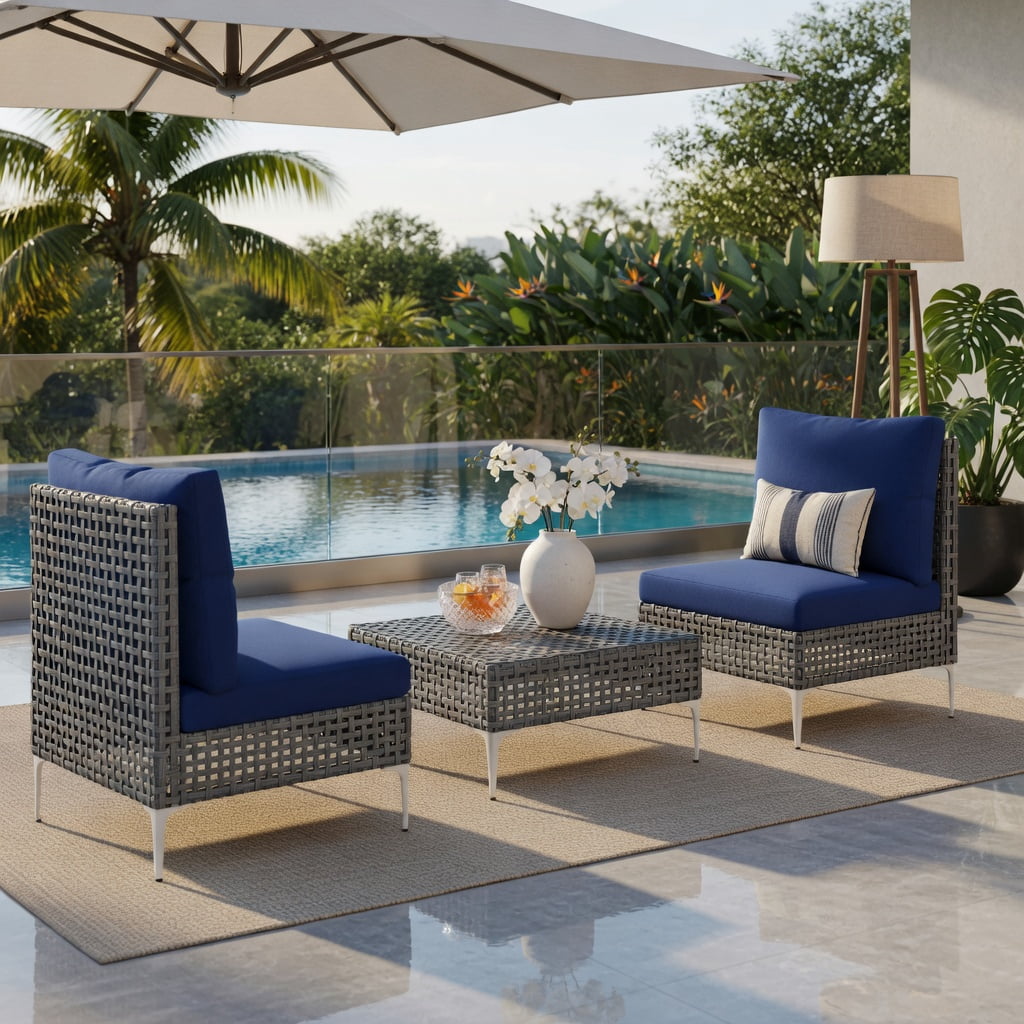 Hommoo 3-Piece PE Rattan Outdoor Conversation Set with Tempered Glass Coffee Table, Patio, Porch & Balcony Seating, Navy