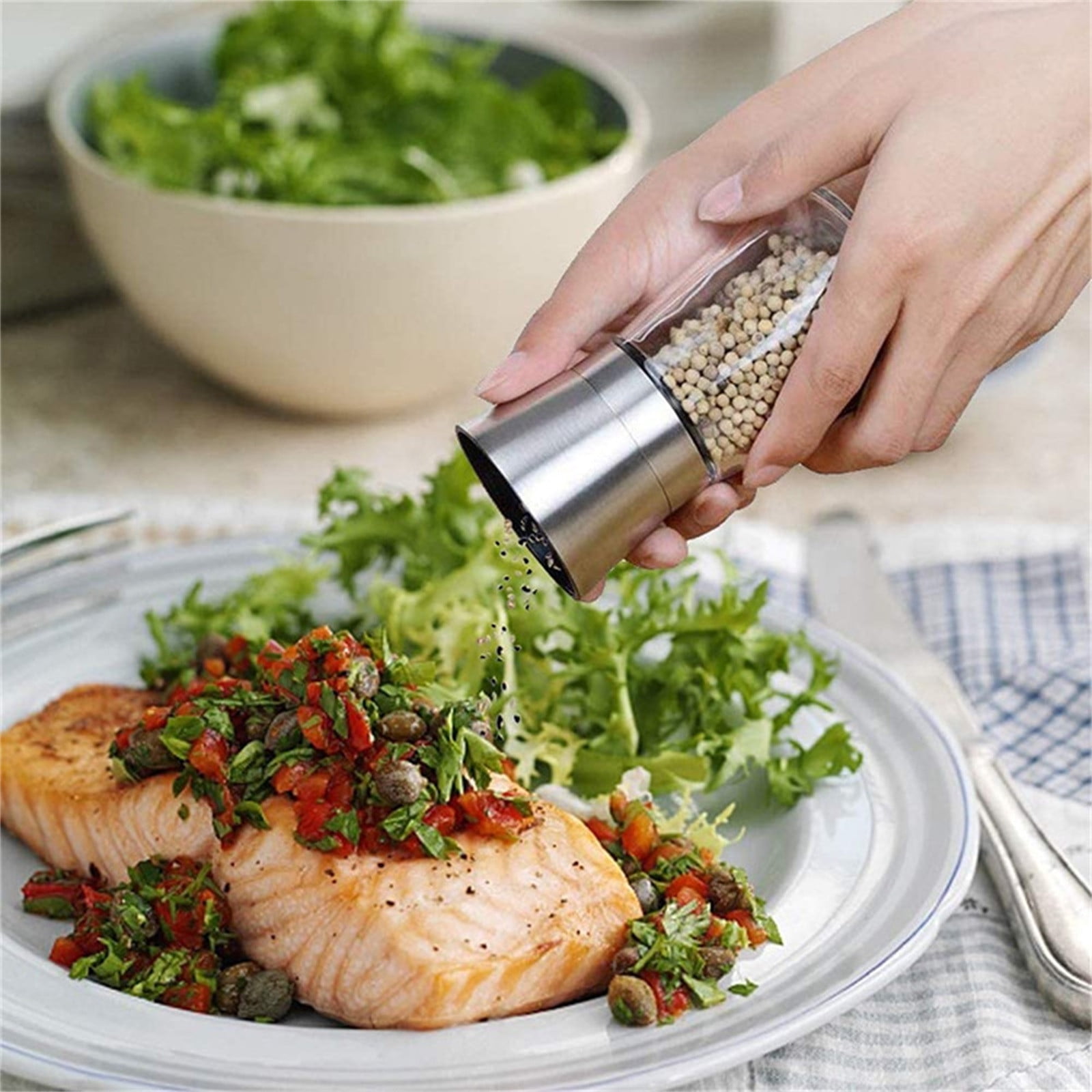 Piwvid 2 Pack Pepper and Salt Grinder Set, Stainless Steel Adjustable Coarseness Mill, Refillable Manual Grinder for Black Peppercorns, Easy to Clean, Kitchen Tool