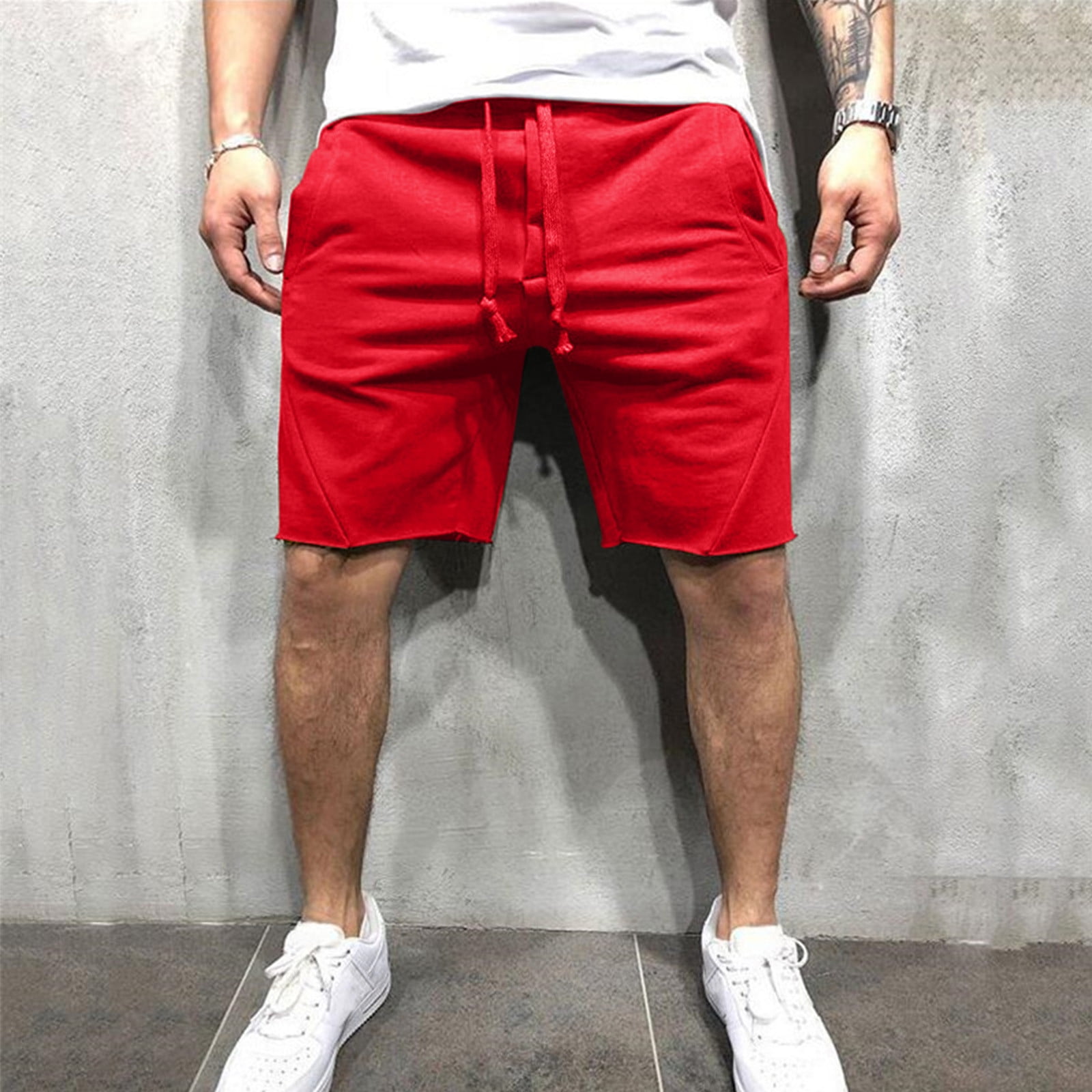 Red Cargo Shorts For Men Male Casual Mid Waist Shorts Pant Solid Splice ...