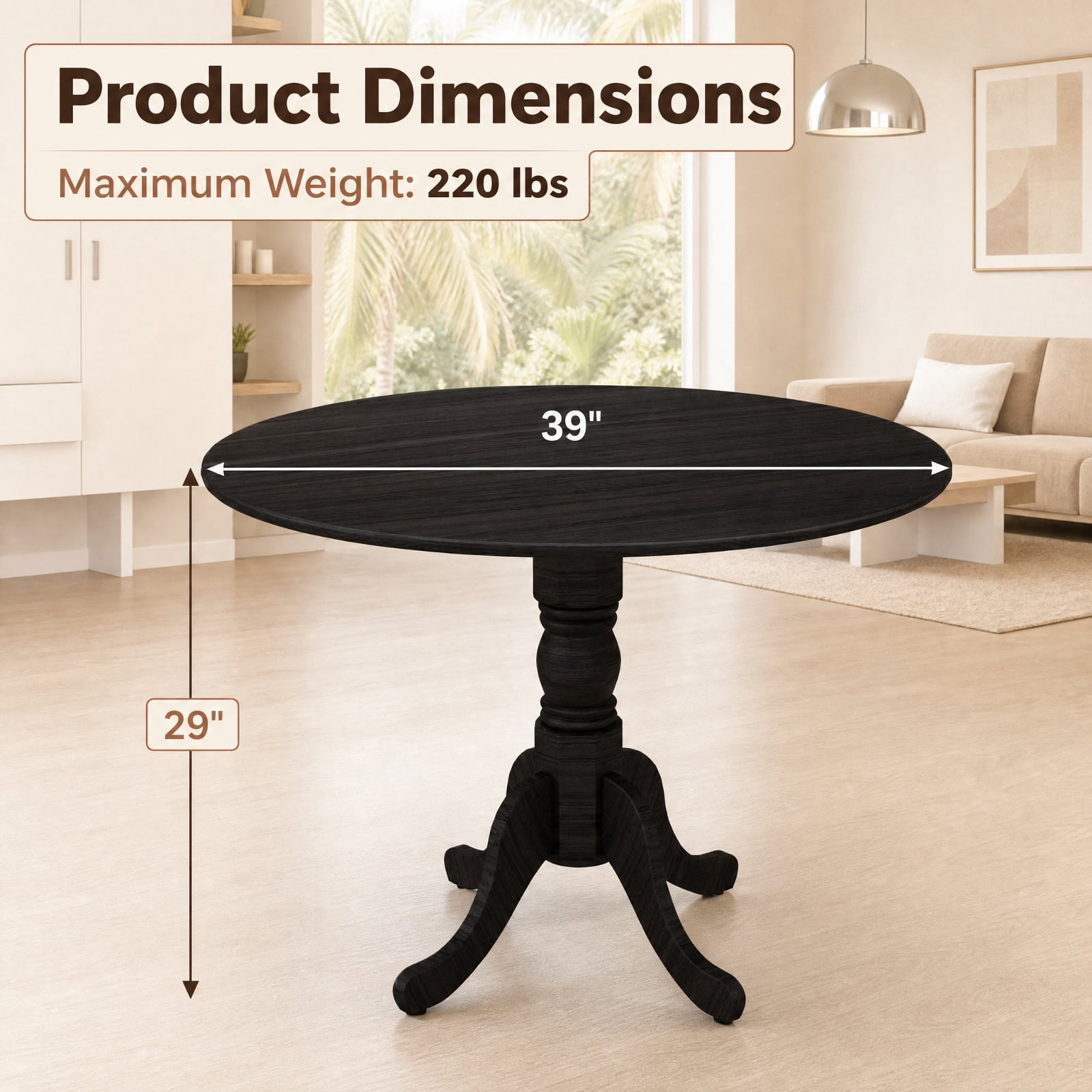 Furnibear Wooden Round Dining Table for 4 with Curved Trestle Legs and Adjustable Foot Pads for Kitchen and Dining Room, Black