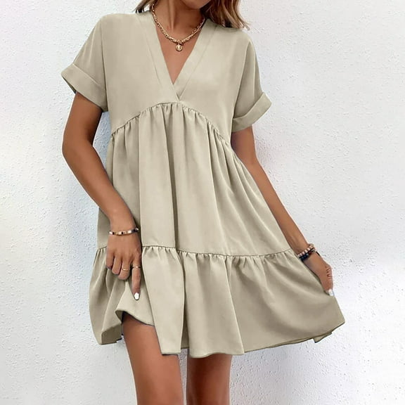 Admvng Dresses for Women Fashion Summer Casual V-Neck Short Sleeve Mini Dress S-2XL