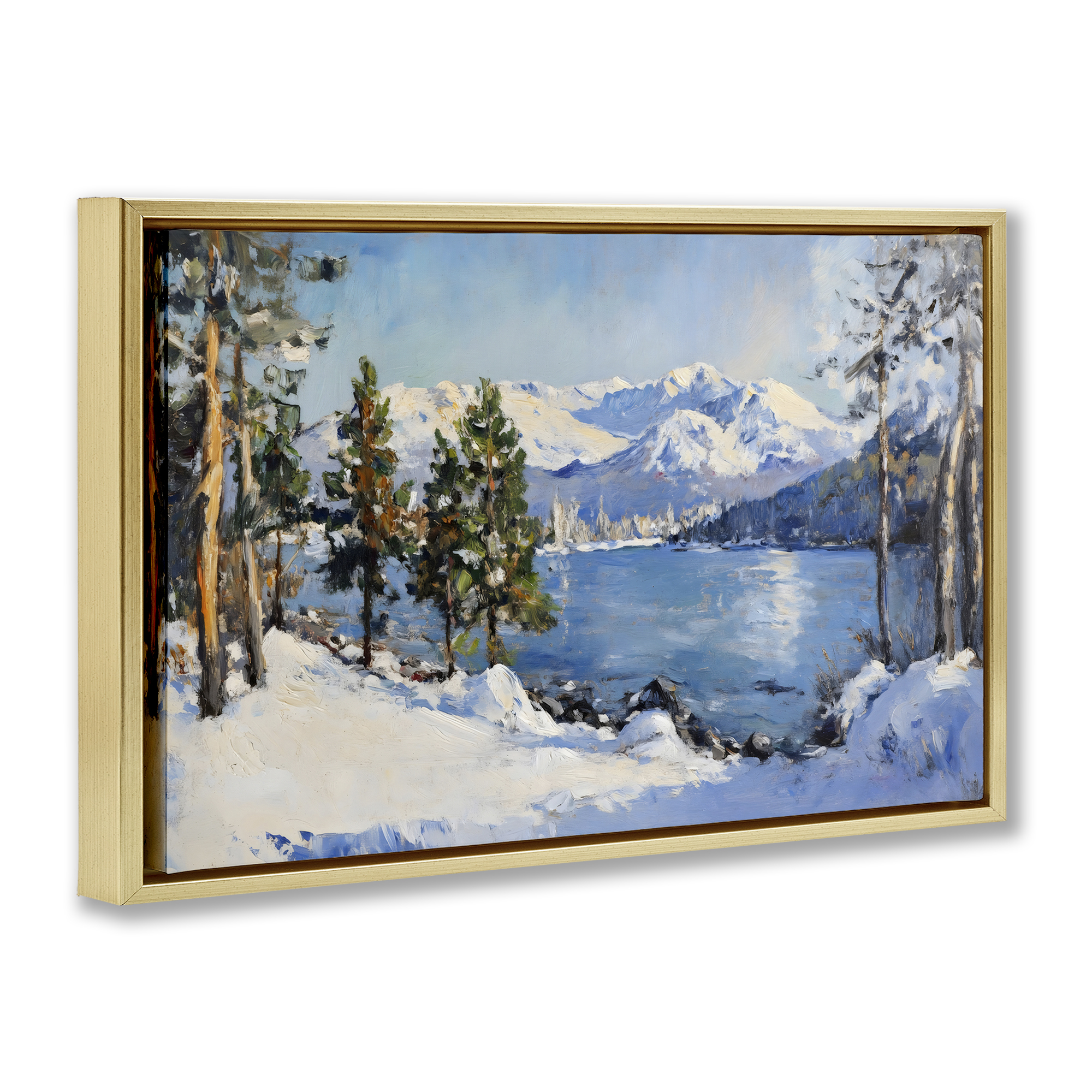 Winter Mountain Lake Gold Framed Floater Canvas Wall Art, design by Petal Prints Design