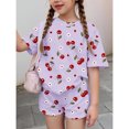 thumbnail image 3 of CCRFTGI Summer Clothes for Child Girls Size 7-8 Two Piece Outfits Cute Preppy Clothing Sets Casual Cherry Print Short Sleeve Tee Top and Waist Shorts Athletic Tracksuit Purple 11-12 Years, 3 of 7