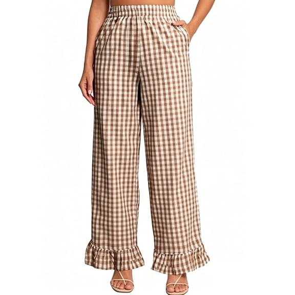 RUTAYY Women's Pants Gingham Cropped Wide Leg Elastic Drawstring Waist Side Pockets Ruffled Hem Plaid Casual Trousers Khaki