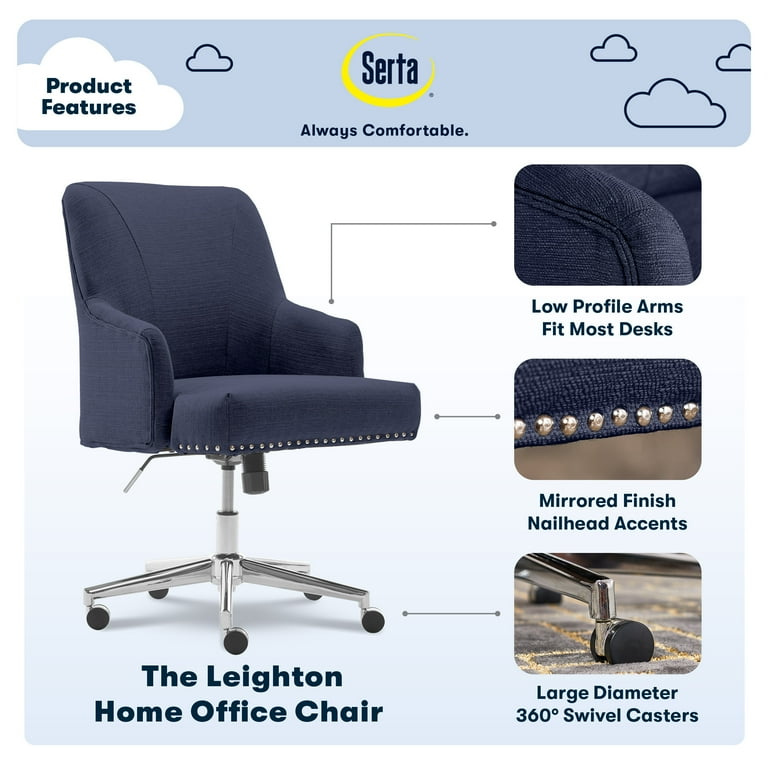 Free Shipping Serta Leighton Home Office Desk Chair Chrome Nailheads Twill Fabric Blue Walmart