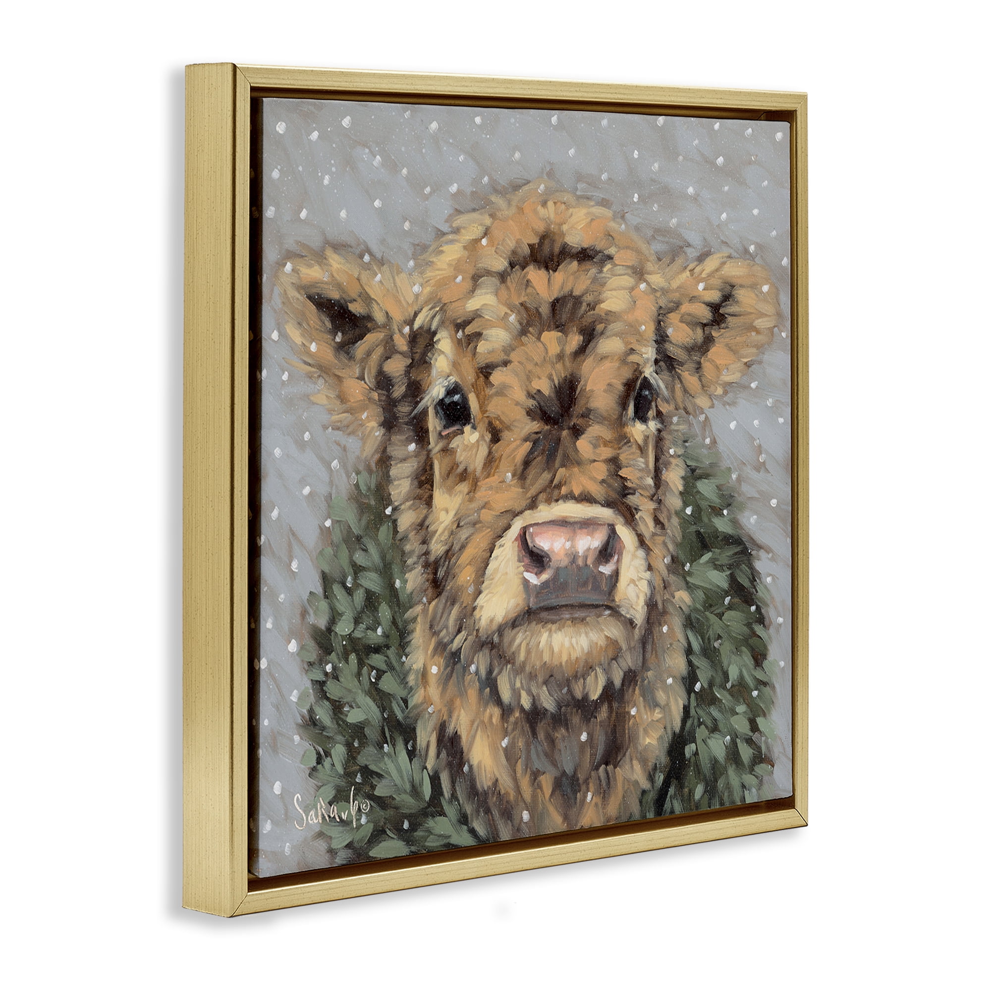 Stupell Industries Snowy Cattle & Wreath Animals & Insects Painting Gold Floater Framed Canvas Art Print Wall Art, 25 x 25