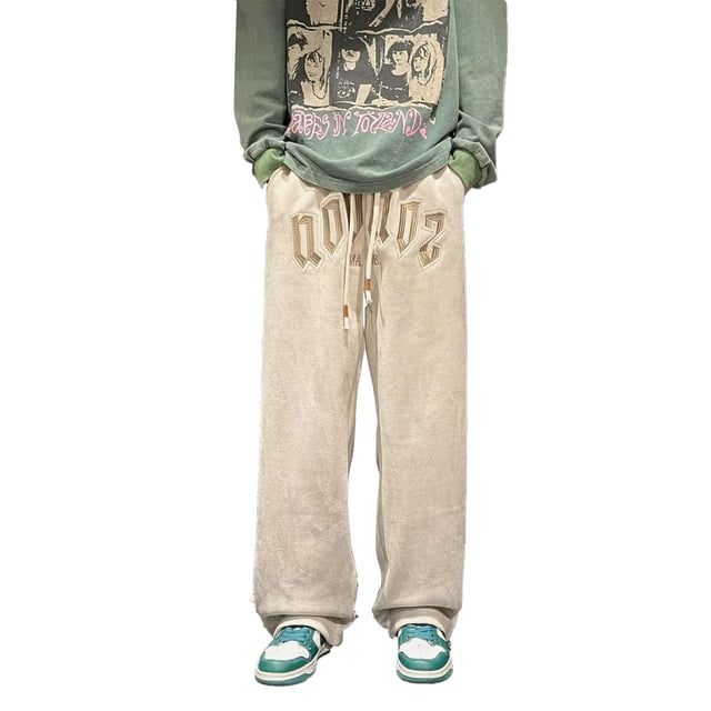 Pantalones de Chándal con Cordón Bordados para Hombres Pantalones Casuales de Pierna Recta Sueltos de Moda con Bolsillo Beige XXL
