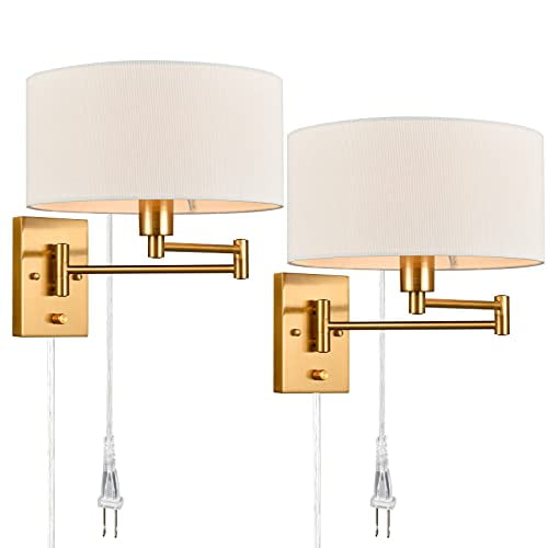Moose Farmhouse 2-Light Brass Dimmable LED Indoor Wall Sconces with Fabric Shades, Set of 2