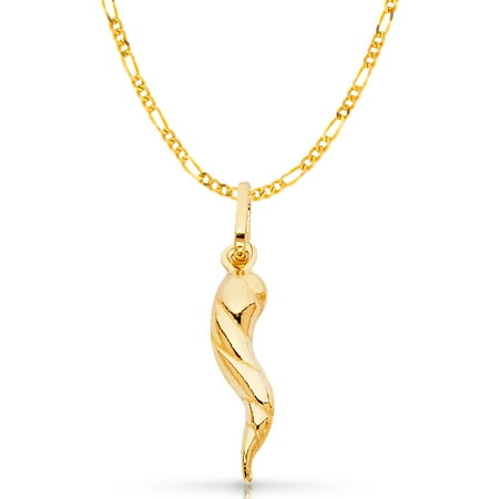 14k Italian Horn - 14K Yellow Gold Twisted Cornicello Italian Fortune Horn Charm Pendant with 2mm Figaro 3+1 Chain Necklace