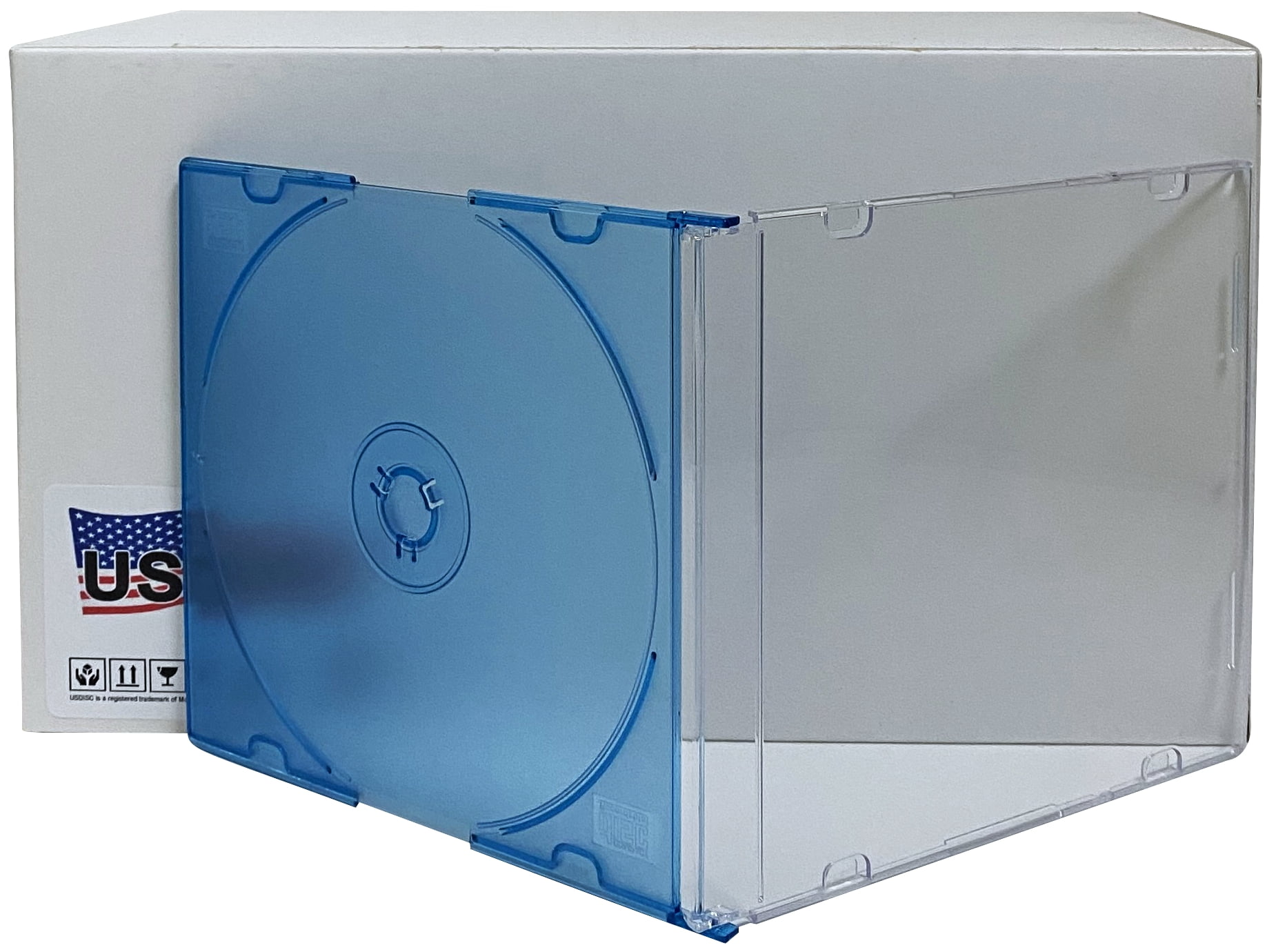 USDISC CD Jewel Cases Slimline 5.2mm, Single 1 Disc, Clear Blue, Pack Of 100
